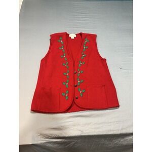 VTG Tally-Ho Pollak Red Christmas Holly Sleeveless Sweater Cardigan Vest M